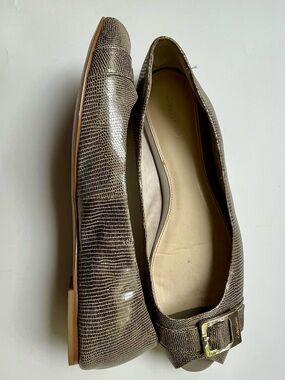 Calvin Klein Taupe Peep-Toe Flats with Buckle Accent